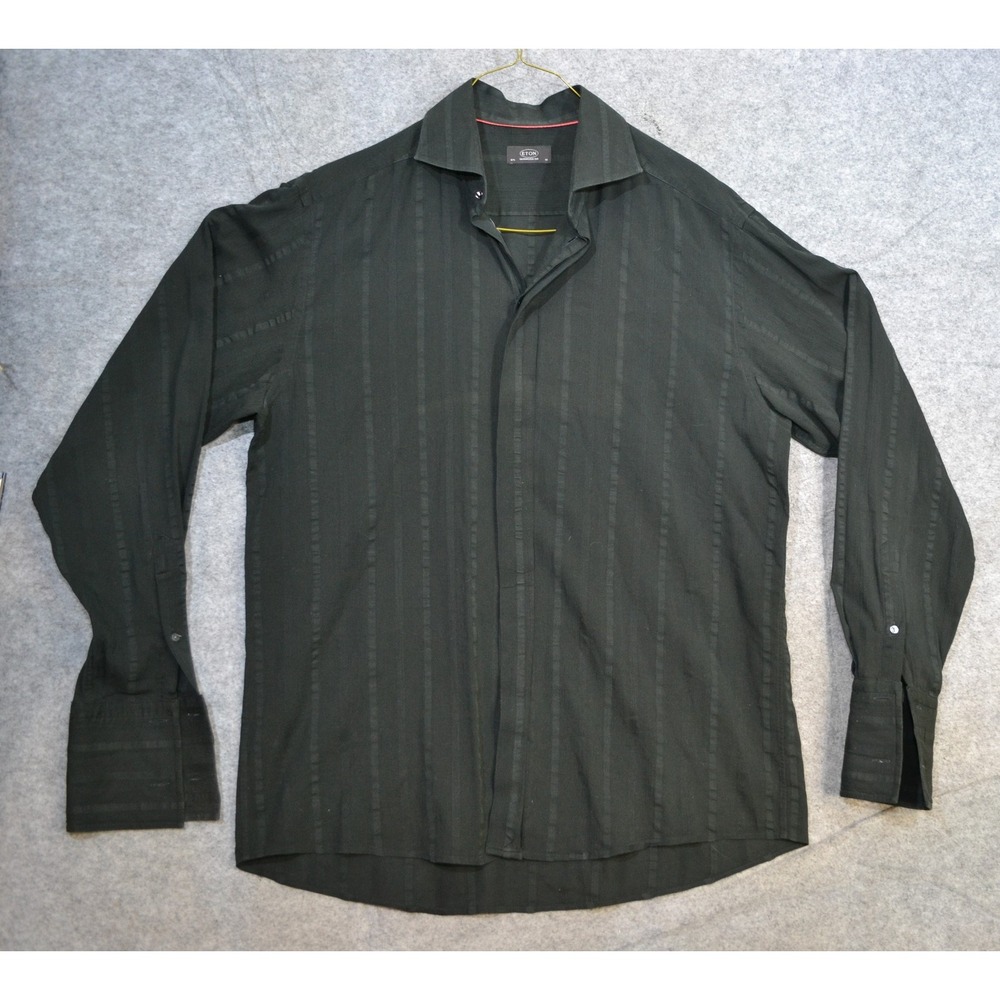 Eton Dress Shirt Mens 16.5 42 Green Stripe Long Sleeve French Cuff Ganghester